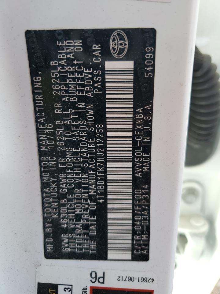 4T1BD1FK7HU212258 TOYOTA CAMRY 2017