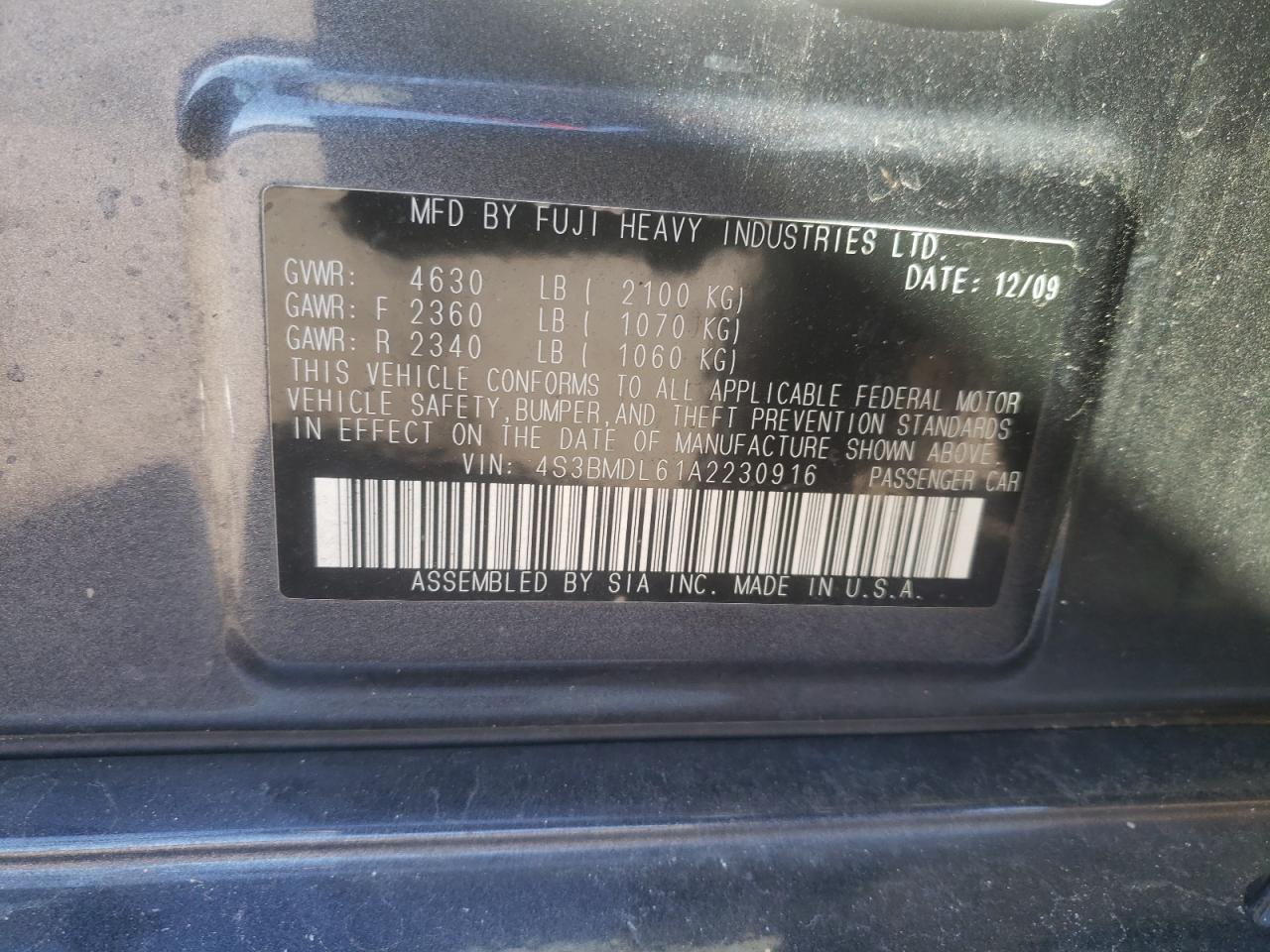 4S3BMDL61A2230916 2010 Subaru Legacy 3.6R Limited