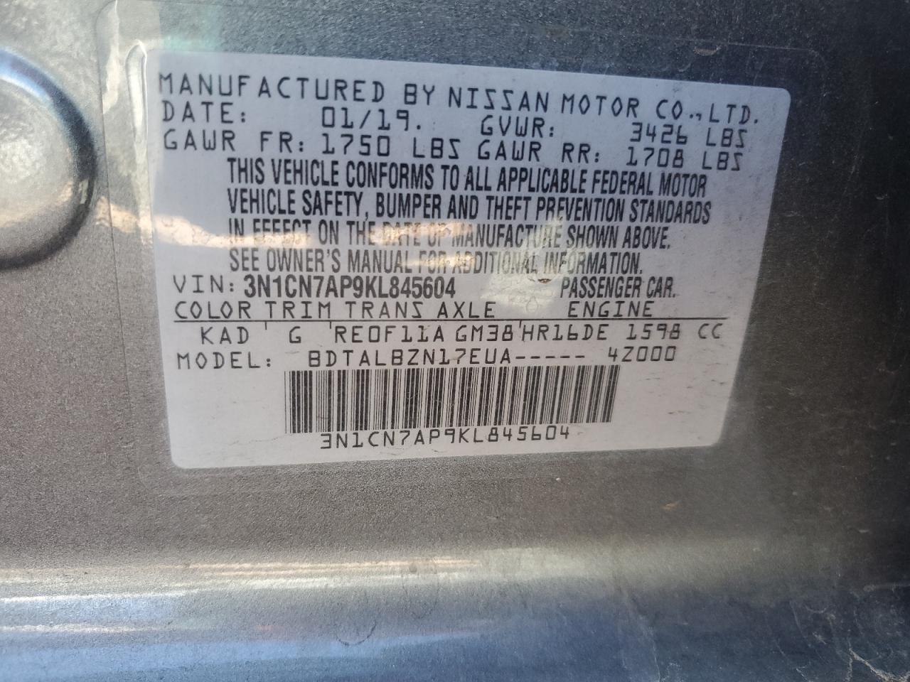 3N1CN7AP9KL845604 NISSAN VERSA 2019