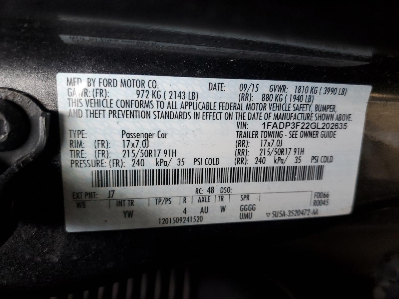1FADP3F22GL202635 FORD FOCUS 2016