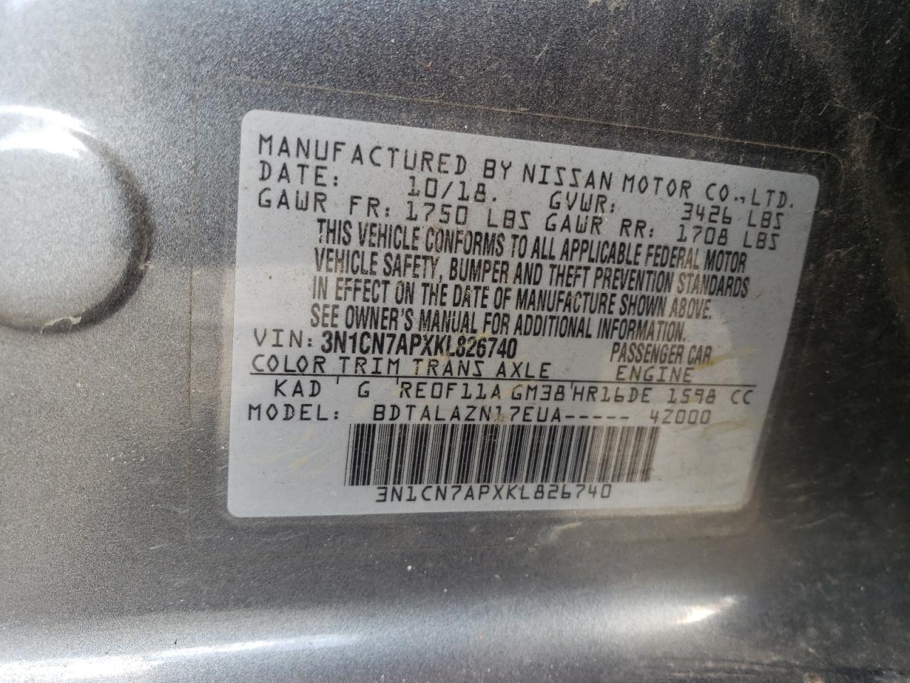 3N1CN7APXKL826740 NISSAN VERSA 2019