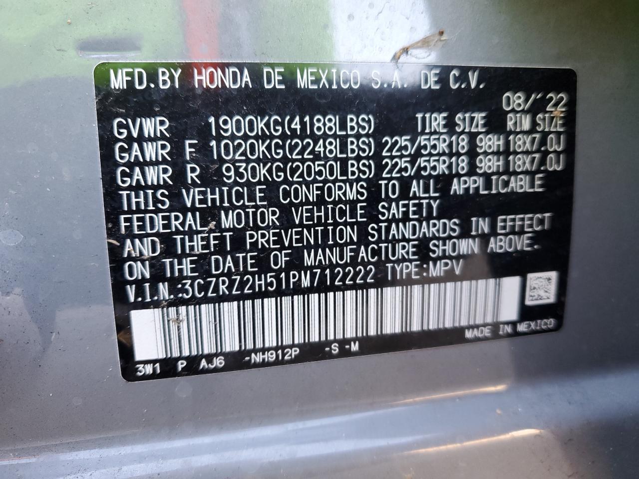 3CZRZ2H51PM712222 HONDA HR-V 2023