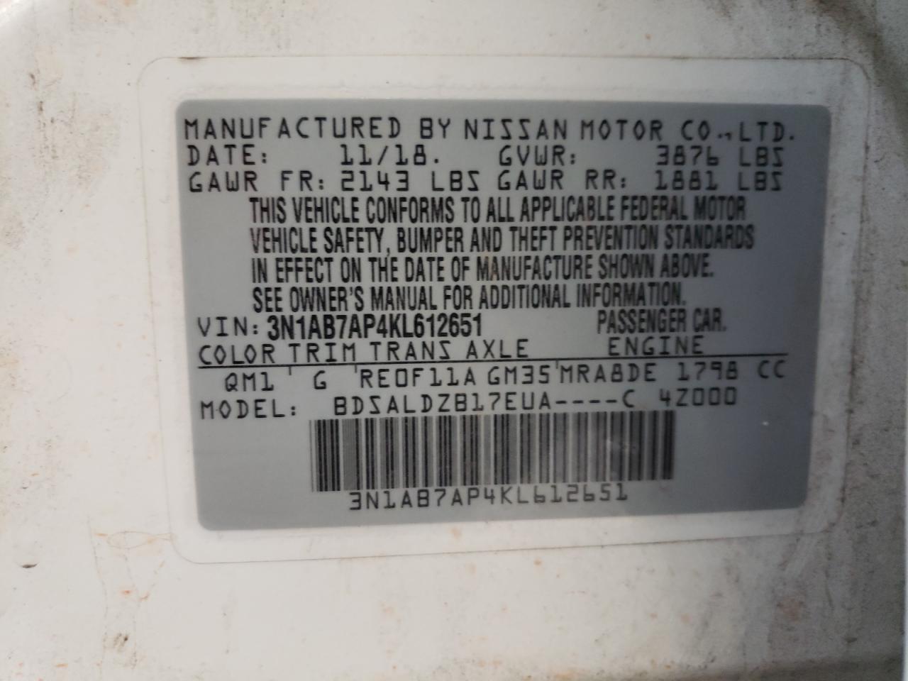 3N1AB7AP4KL612651 NISSAN SENTRA 2019