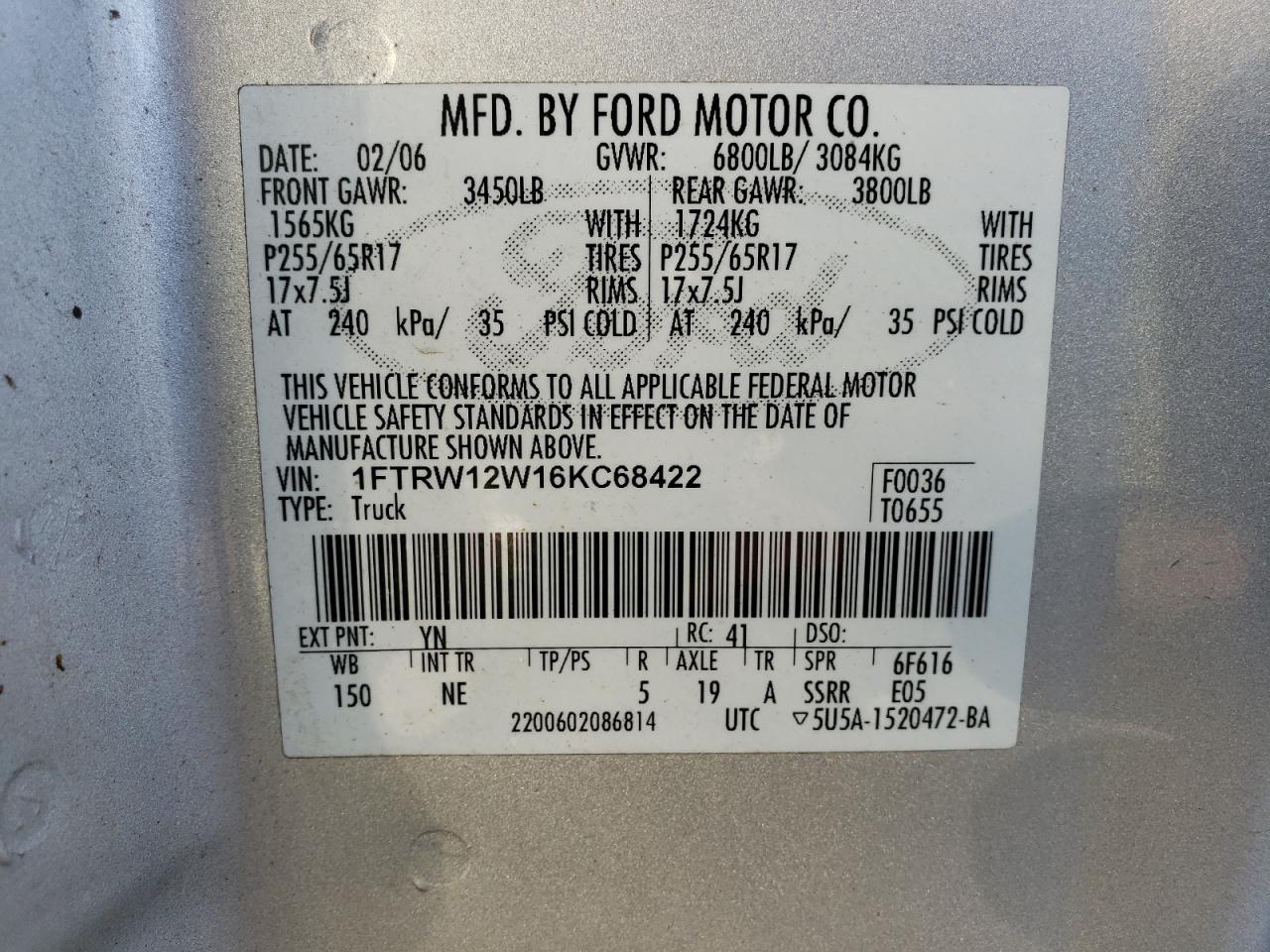 1FTRW12W16KC68422 2006 Ford F150 Supercrew
