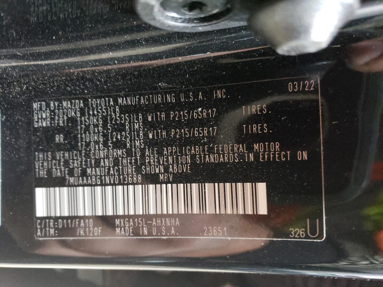 7MUAAABG1NV013688 TOYOTA COROLLA CR 2022