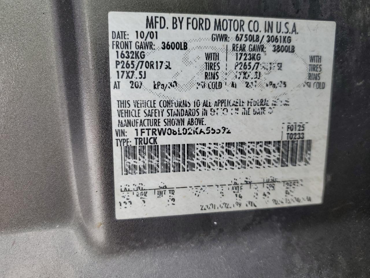 1FTRW08L02KA55592 2002 Ford F150 Supercrew