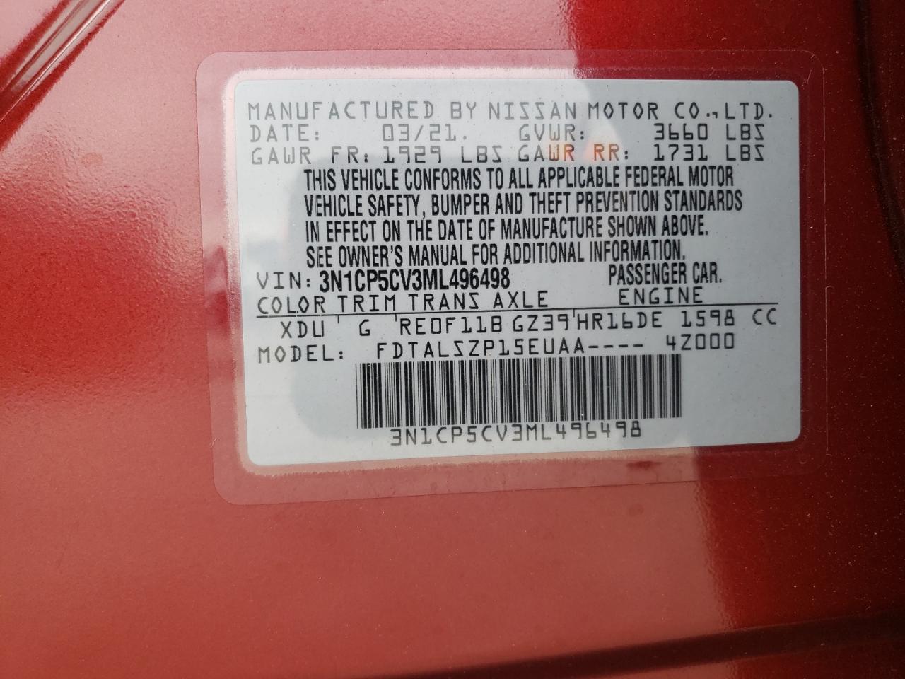 3N1CP5CV3ML496498 NISSAN KICKS 2021