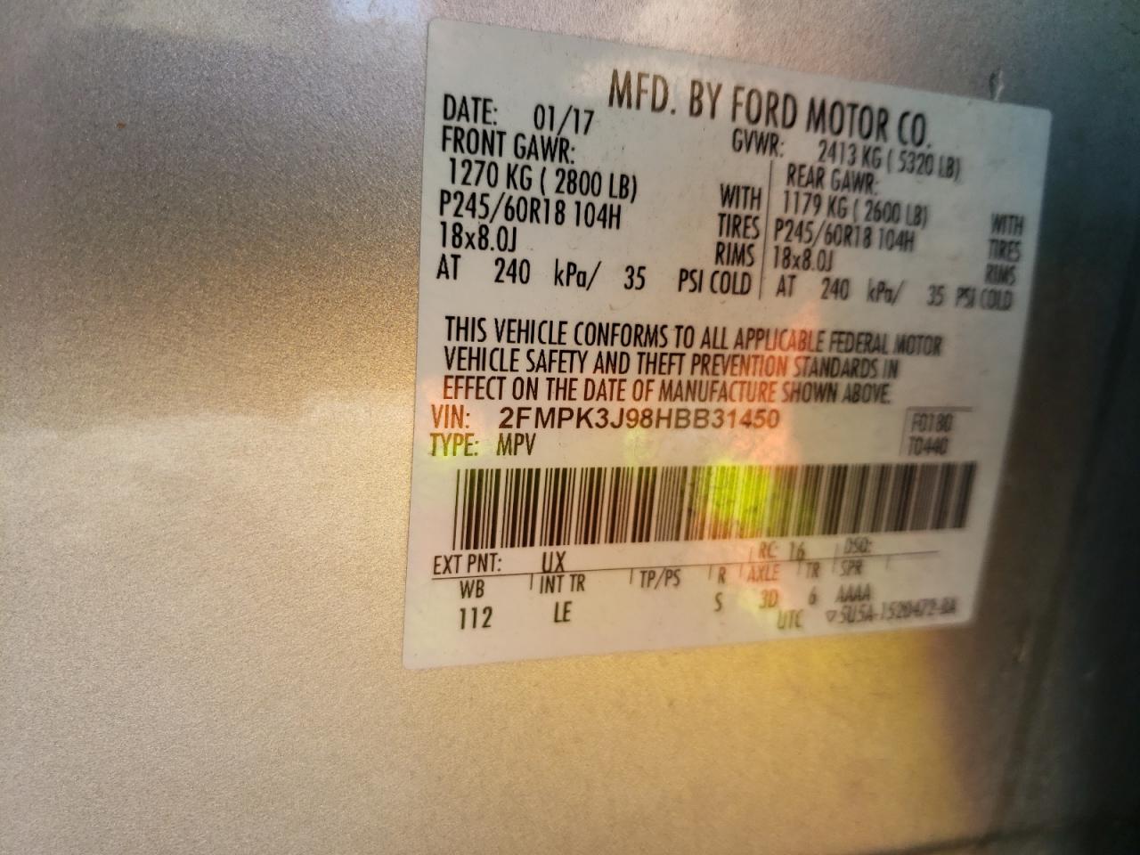 2FMPK3J98HBB31450 FORD EDGE 2017