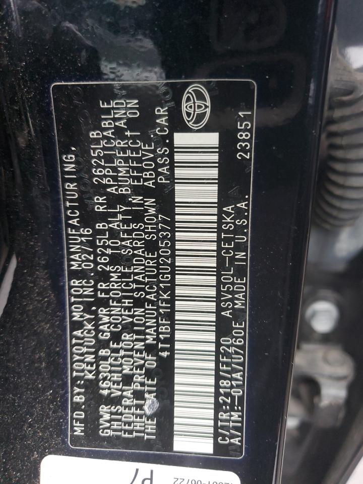 4T1BF1FK1GU205377 TOYOTA CAMRY 2016