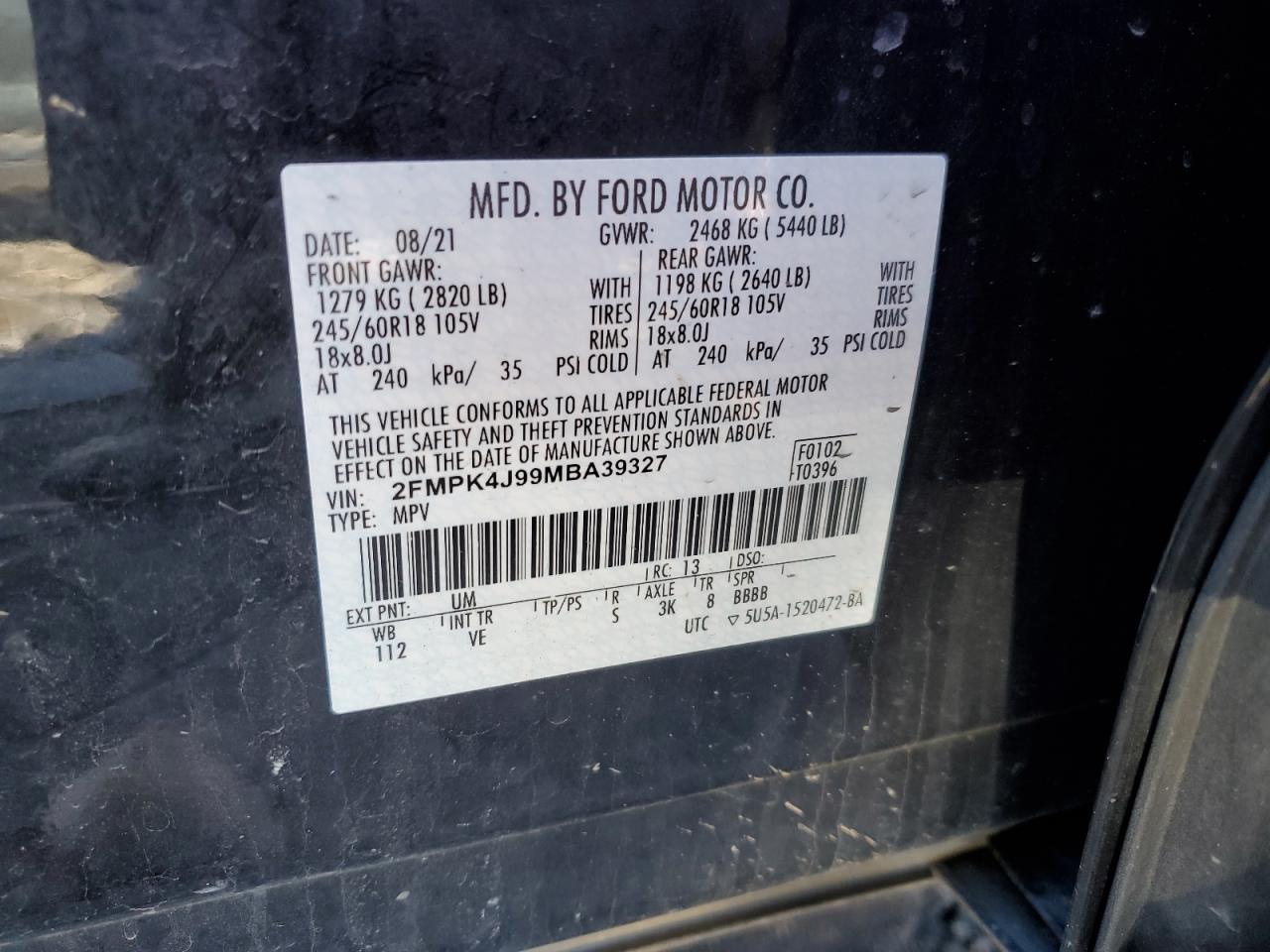2FMPK4J99MBA39327 FORD EDGE 2021