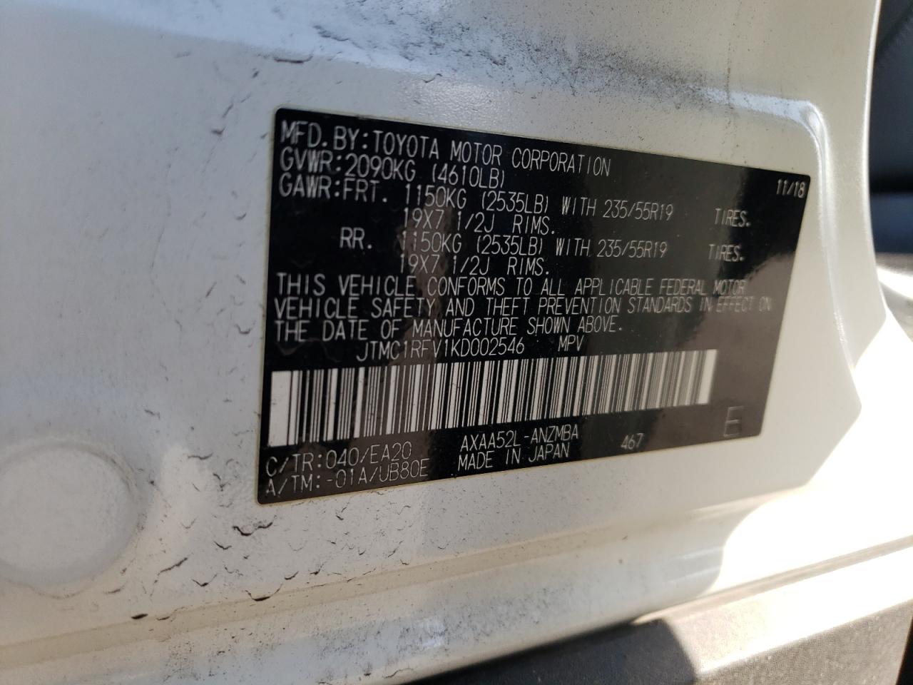JTMC1RFV1KD002546 TOYOTA RAV4 2019