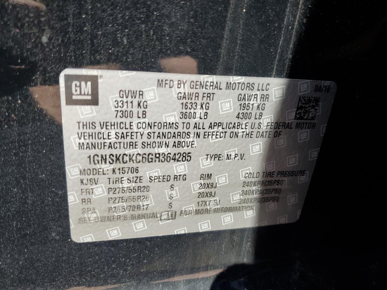 1GNSKCKC6GR364285 CHEVROLET TAHOE 2016