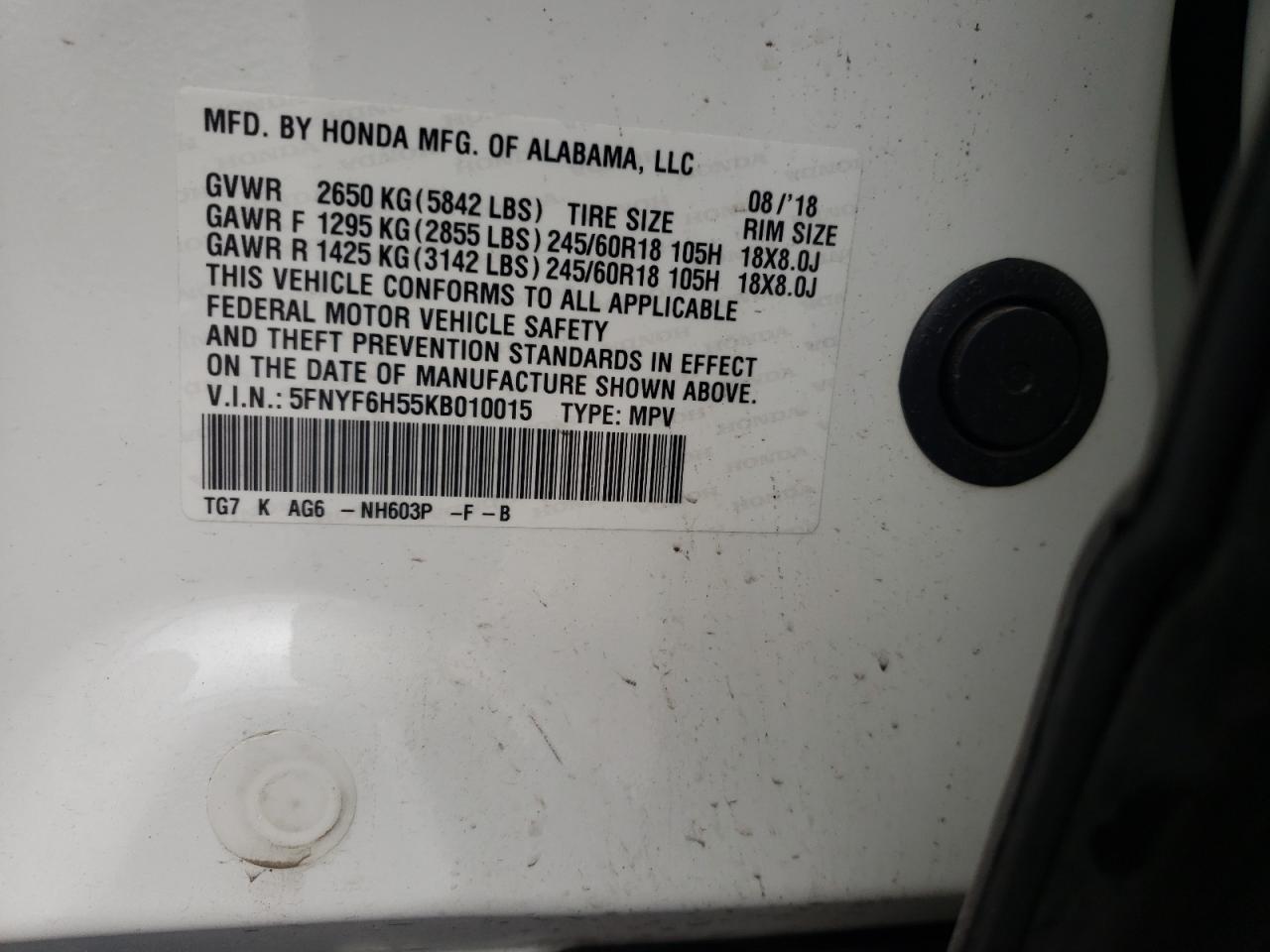 5FNYF6H55KB010015 HONDA PILOT 2019
