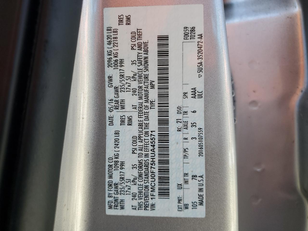 1FMCU0F75HUA45571 FORD ESCAPE 2017