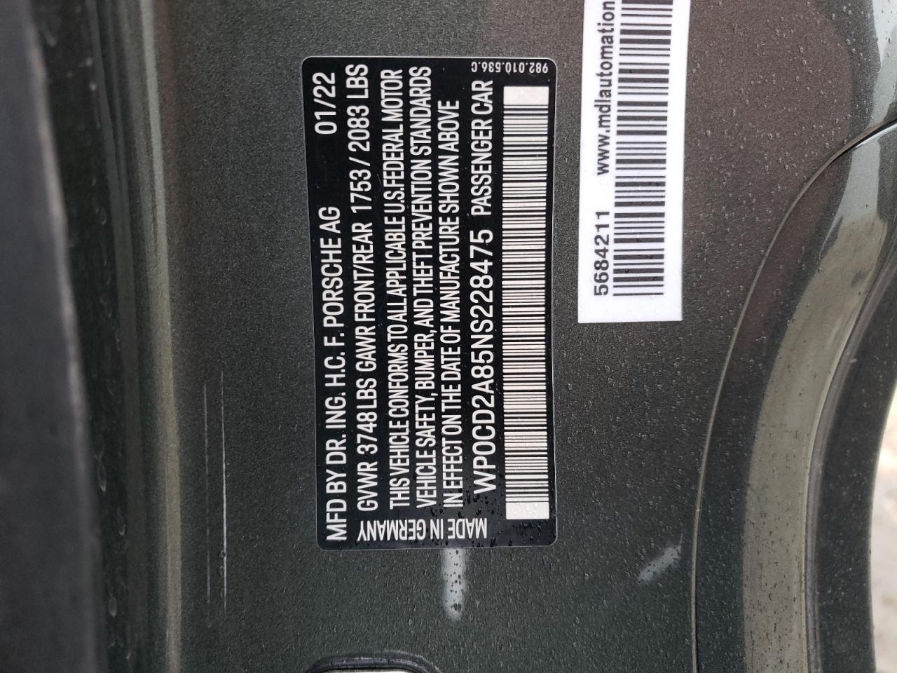 WP0CD2A85NS228475 PORSCHE BOXSTER 2022