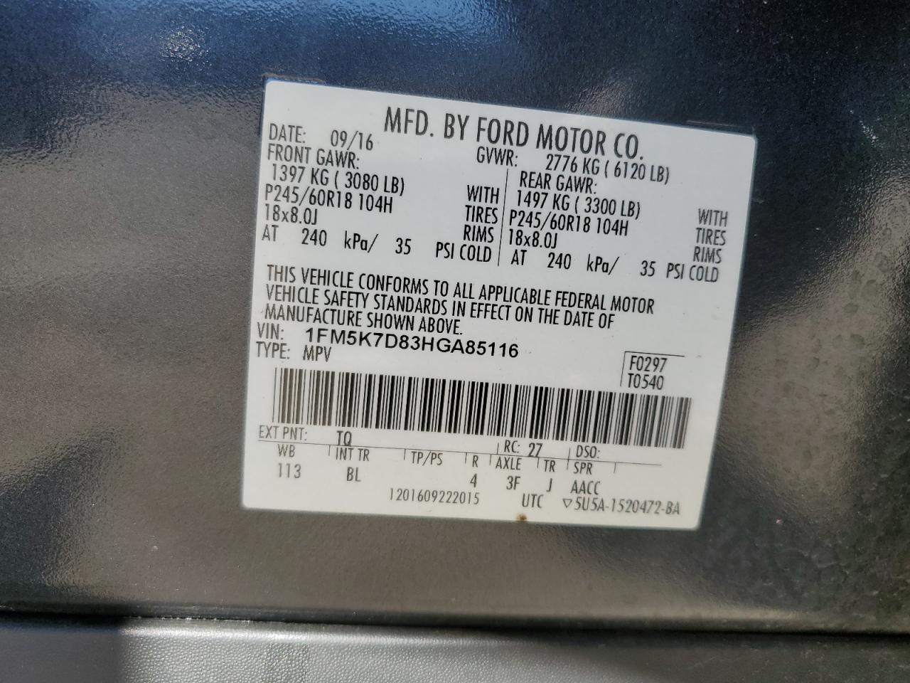 1FM5K7D83HGA85116 FORD EXPLORER 2017