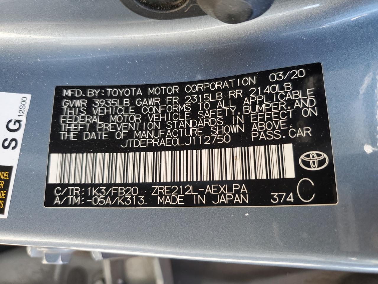 JTDEPRAE0LJ112750 TOYOTA COROLLA 2020