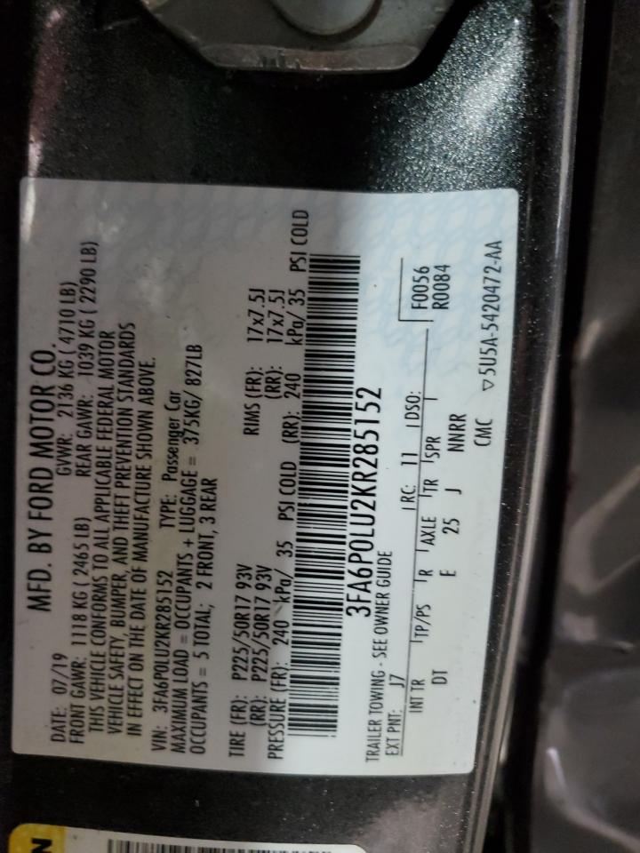 3FA6P0LU2KR285152 FORD FUSION 2019