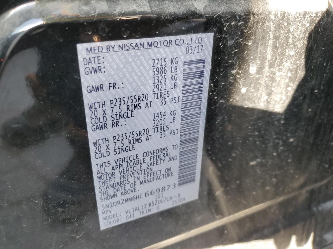 5N1DR2MN6HC669873 NISSAN PATHFINDER 2017