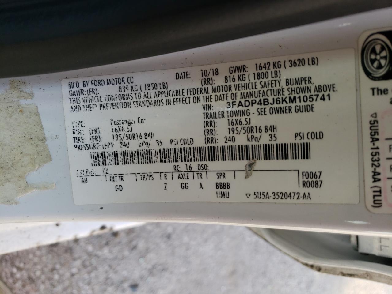 3FADP4BJ6KM105741 FORD FIESTA 2019
