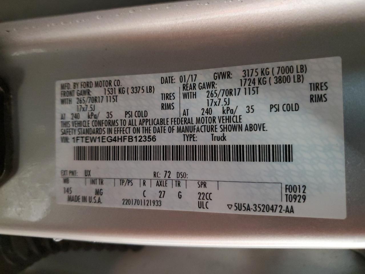 1FTEW1EG4HFB12356 FORD F-150 2017