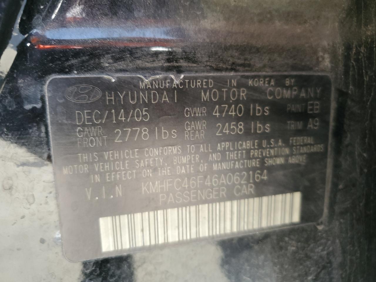 KMHFC46F46A062164 2006 Hyundai Azera Se