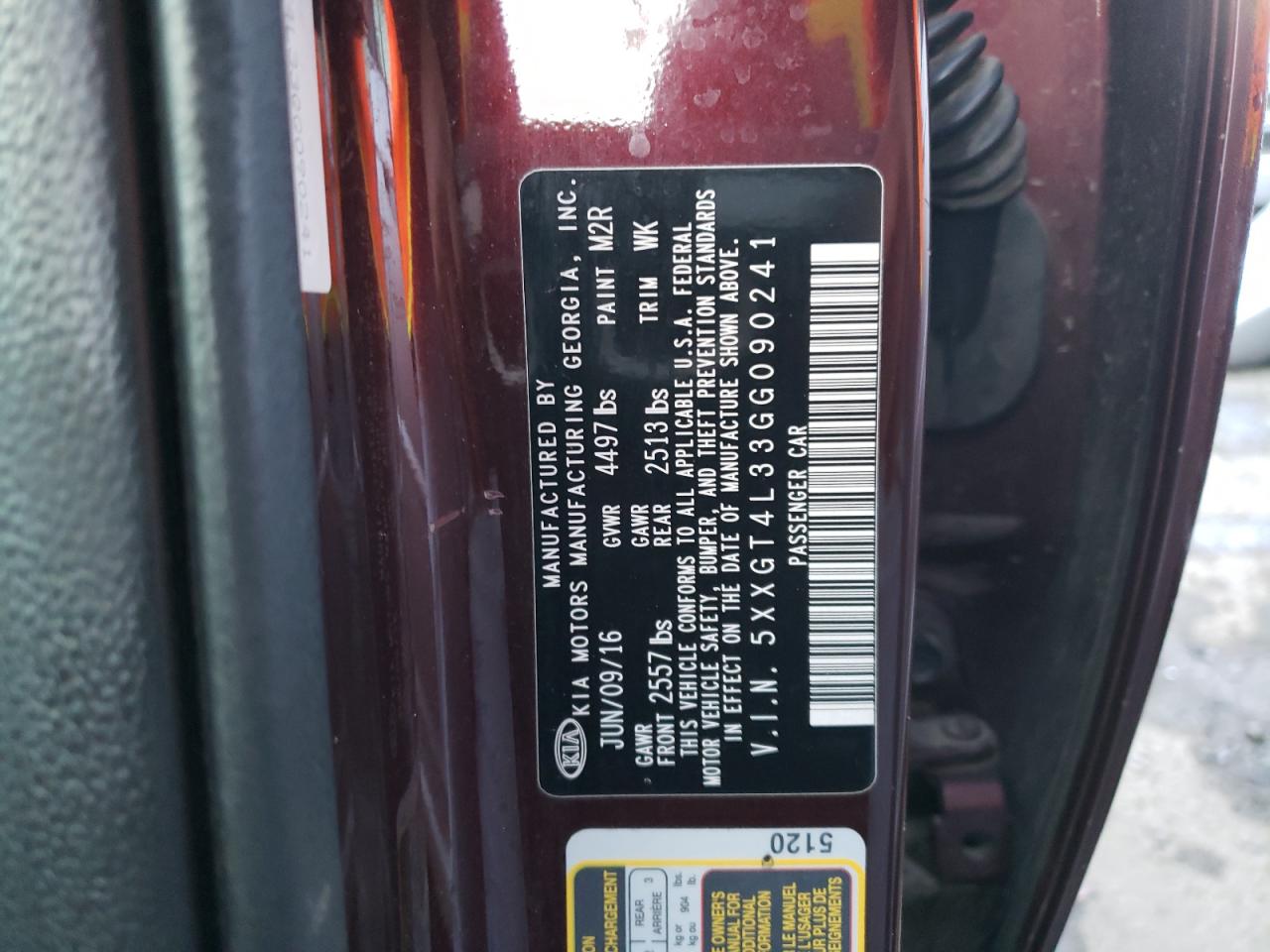 5XXGT4L33GG090241 KIA OPTIMA 2016