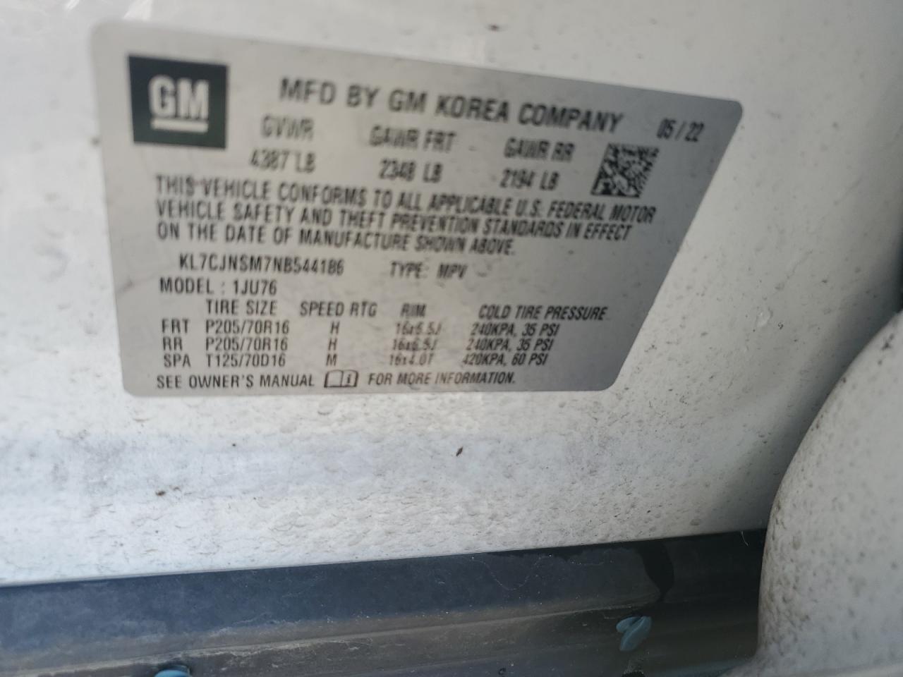 KL7CJNSM7NB544186 CHEVROLET TRAX 2022
