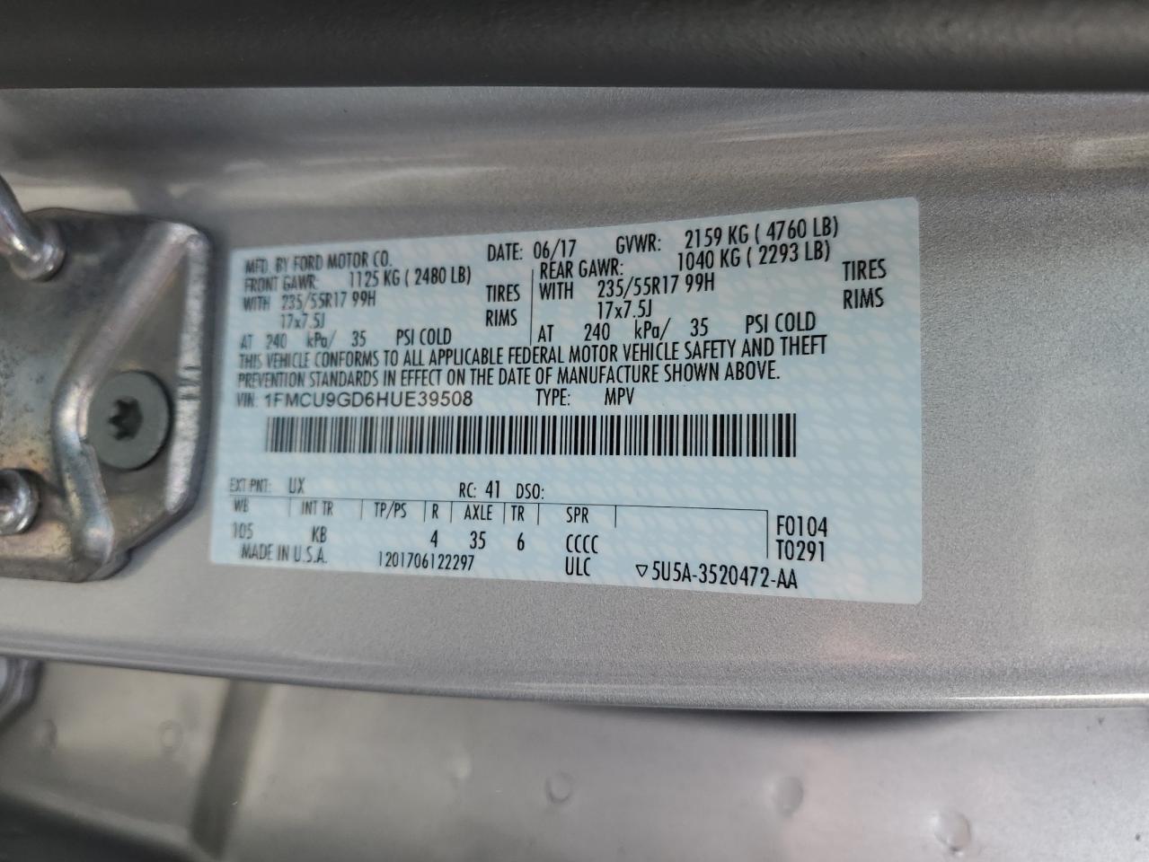 1FMCU9GD6HUE39508 FORD ESCAPE 2017