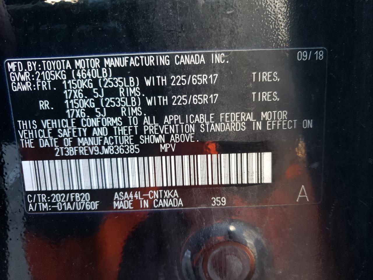 2T3BFREV9JW836385 TOYOTA RAV4 2018