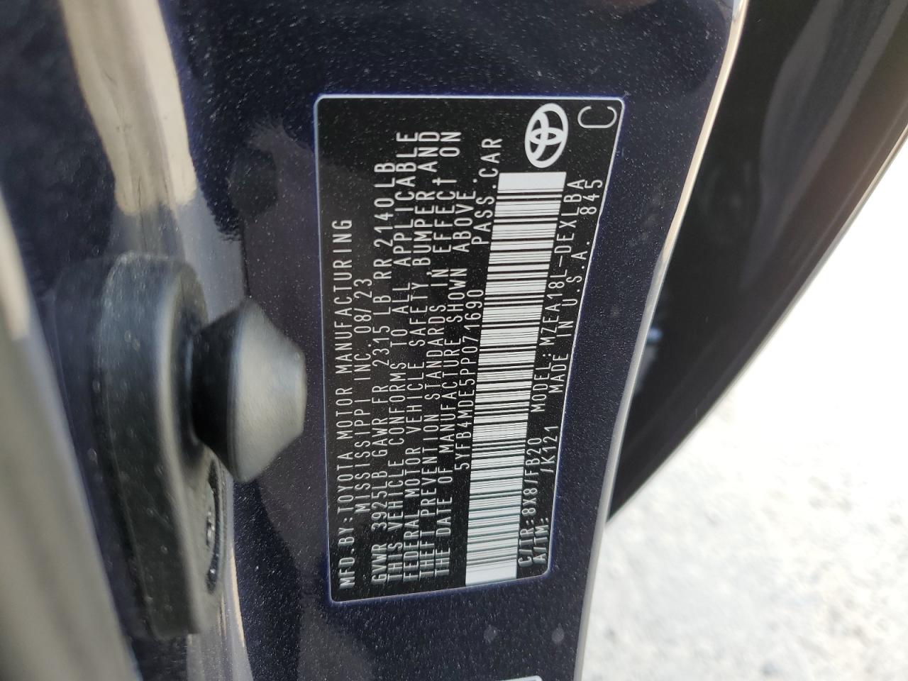 5YFB4MDE5PP071690 TOYOTA COROLLA 2023