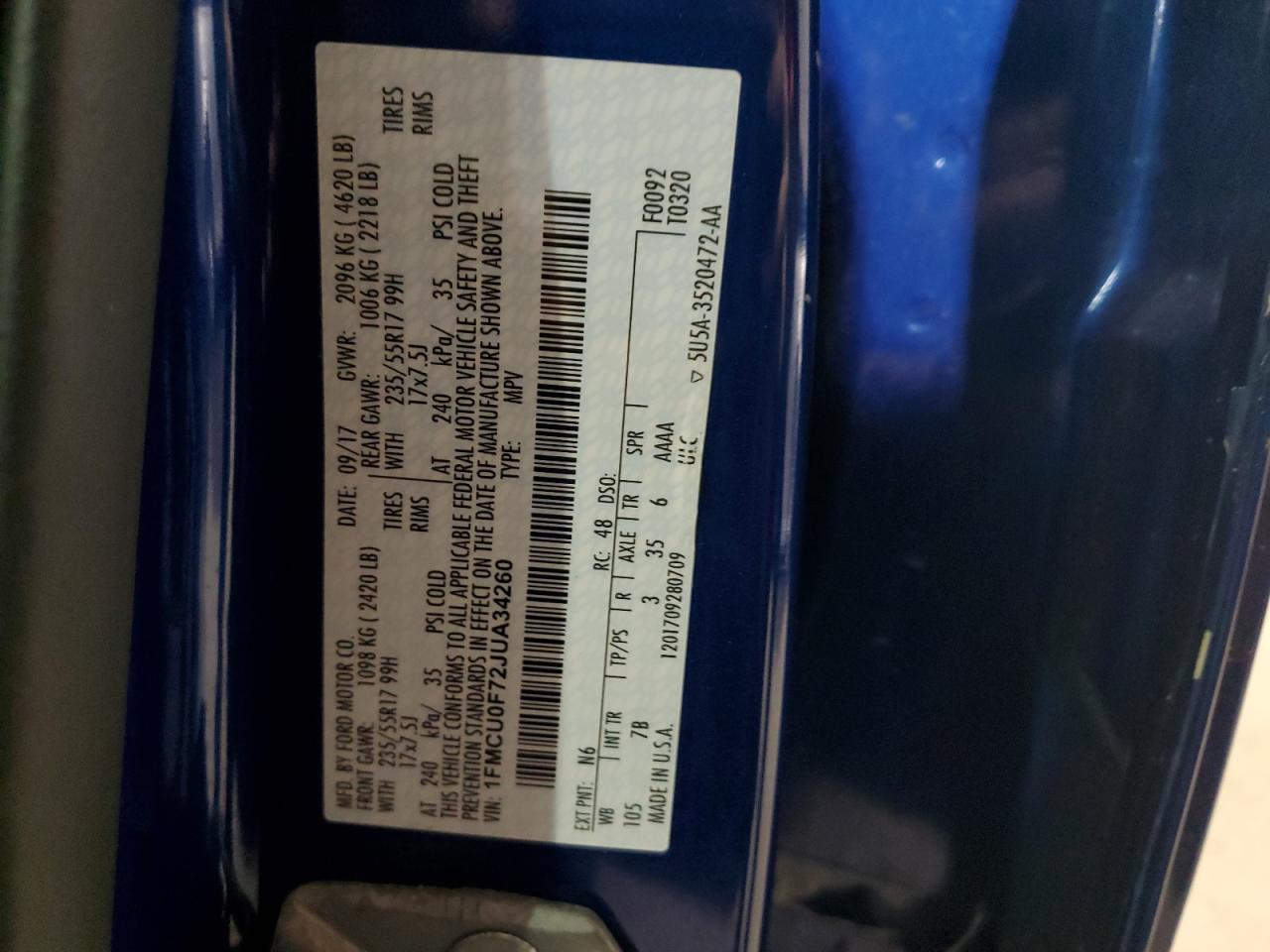 1FMCU0F72JUA34260 FORD ESCAPE 2018