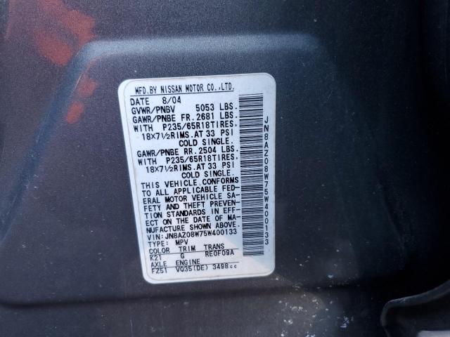 2005 Nissan Murano Sl VIN: JN8AZ08W75W400133 Lot: 43969414