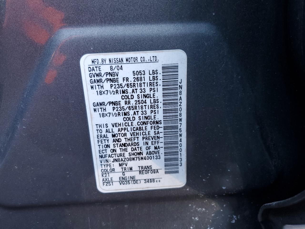 jn8az08w75w400133 JN8AZ08W75W400133 2005 Nissan Murano Sl