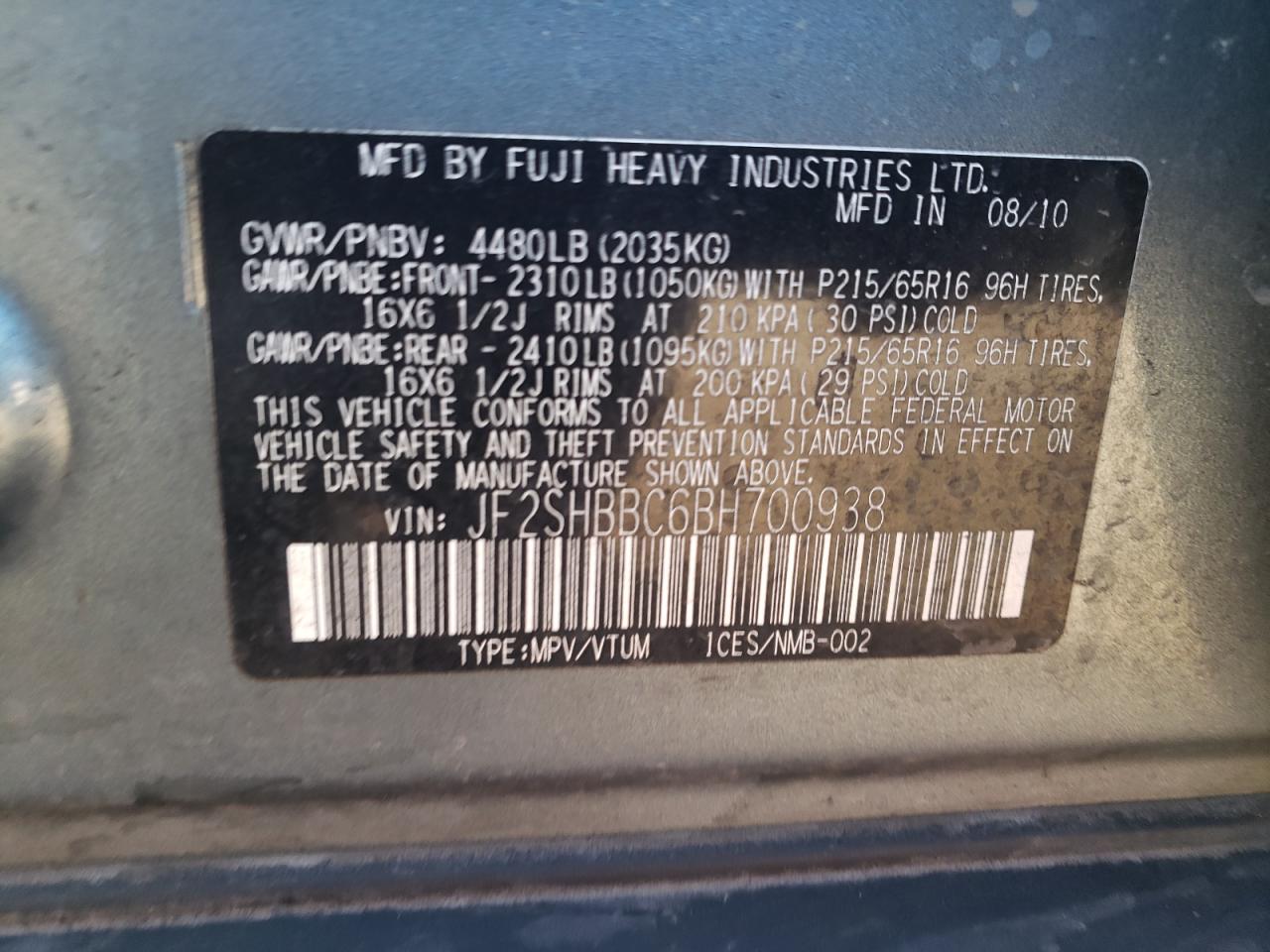 JF2SHBBC6BH700938 2011 Subaru Forester 2.5X