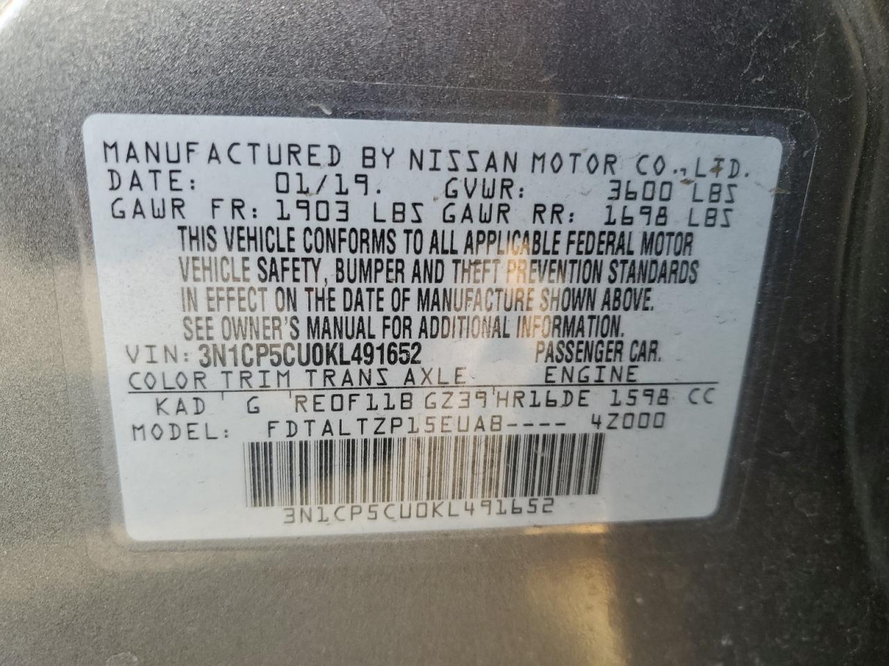 3N1CP5CU0KL491652 NISSAN KICKS 2019
