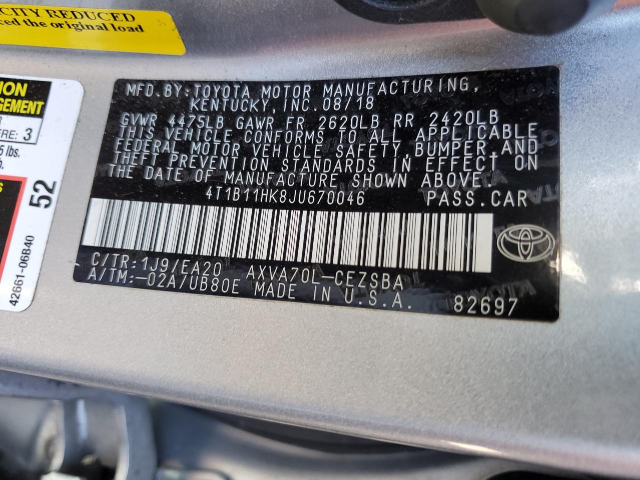 4T1B11HK8JU670046 TOYOTA CAMRY 2018