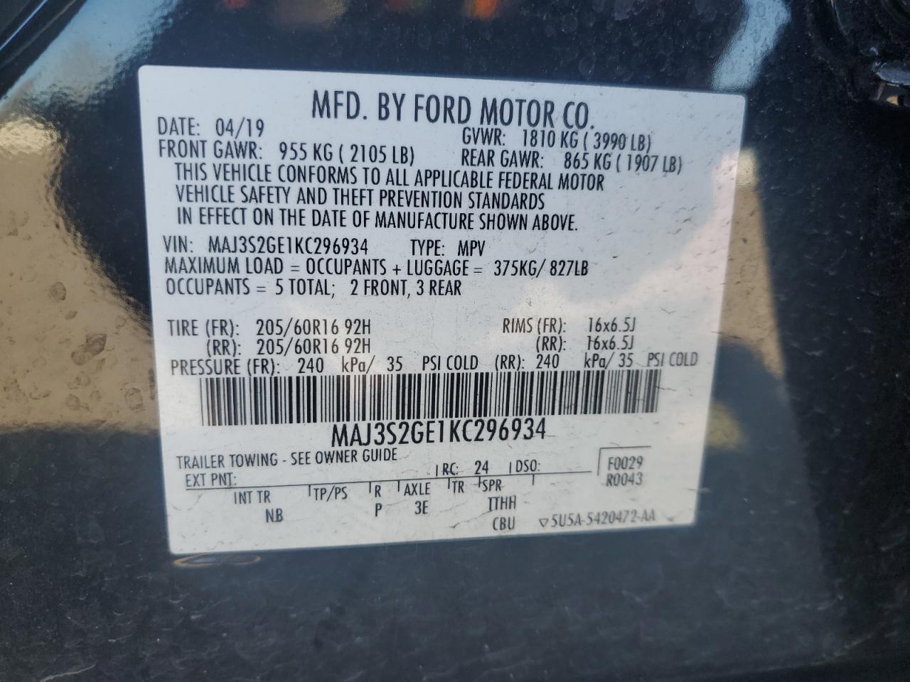 MAJ3S2GE1KC296934 FORD ECOSPORT 2019