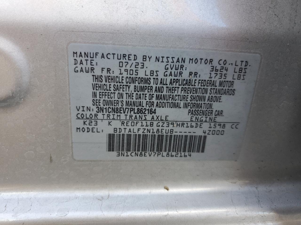 3N1CN8EV7PL862164 NISSAN VERSA 2023