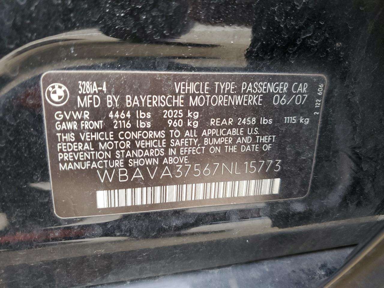 WBAVA37567NL15773 2007 BMW 328 I