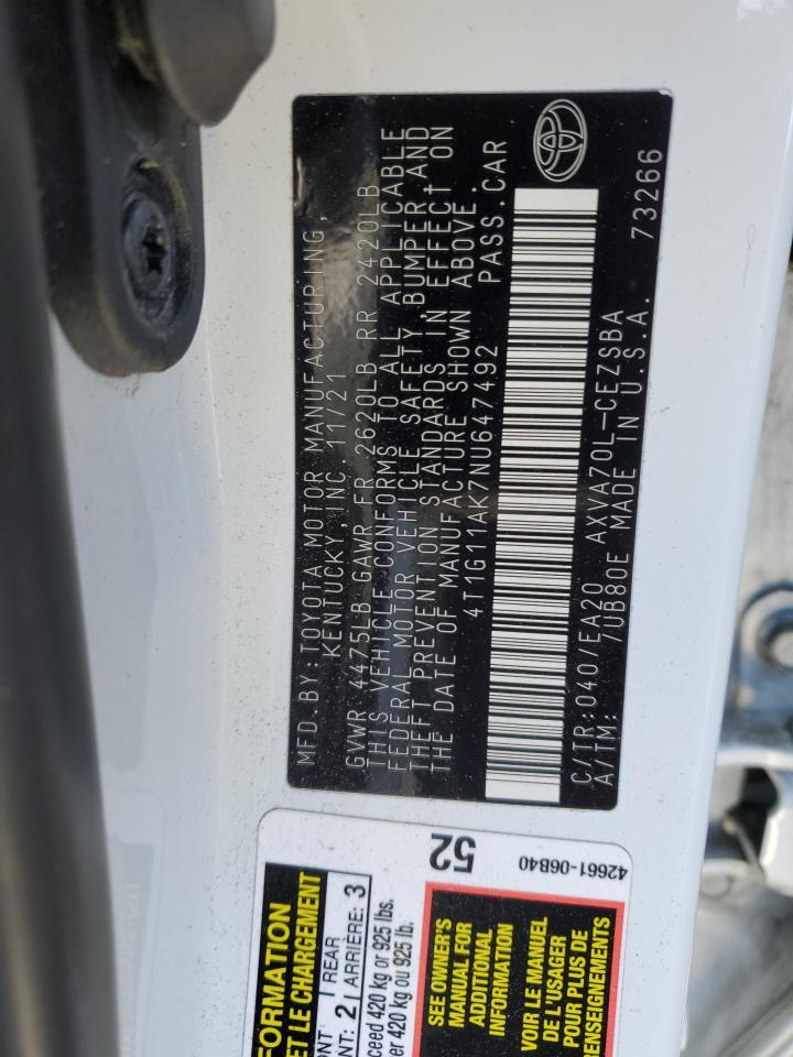 4T1G11AK7NU647492 TOYOTA CAMRY 2022