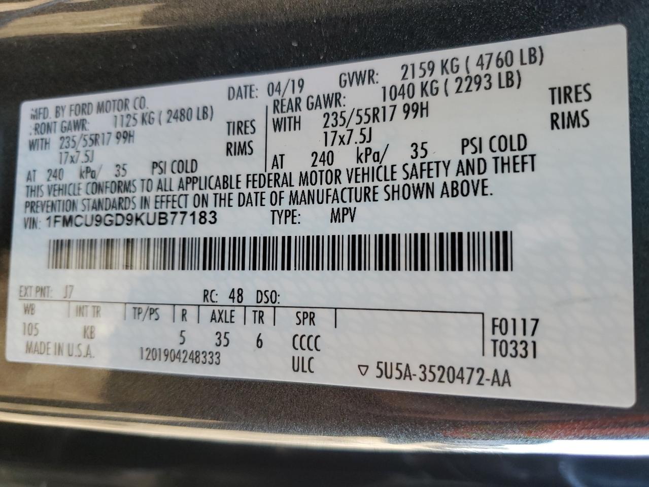1FMCU9GD9KUB77183 FORD ESCAPE 2019