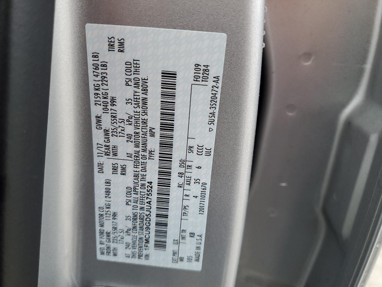 1FMCU9GD5JUA75524 FORD ESCAPE 2018