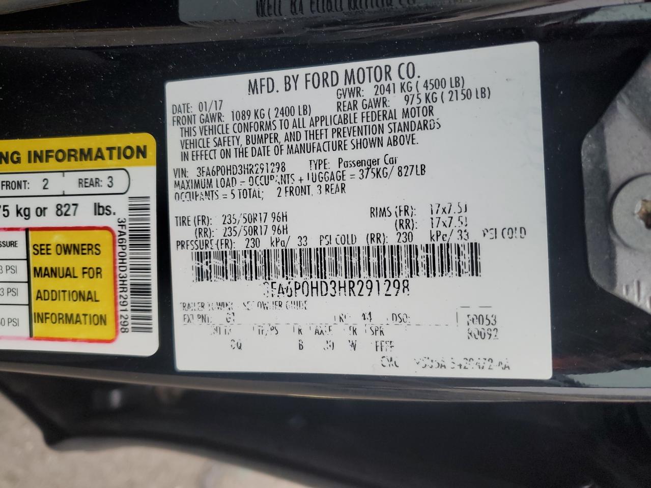 3FA6P0HD3HR291298 FORD FUSION 2017