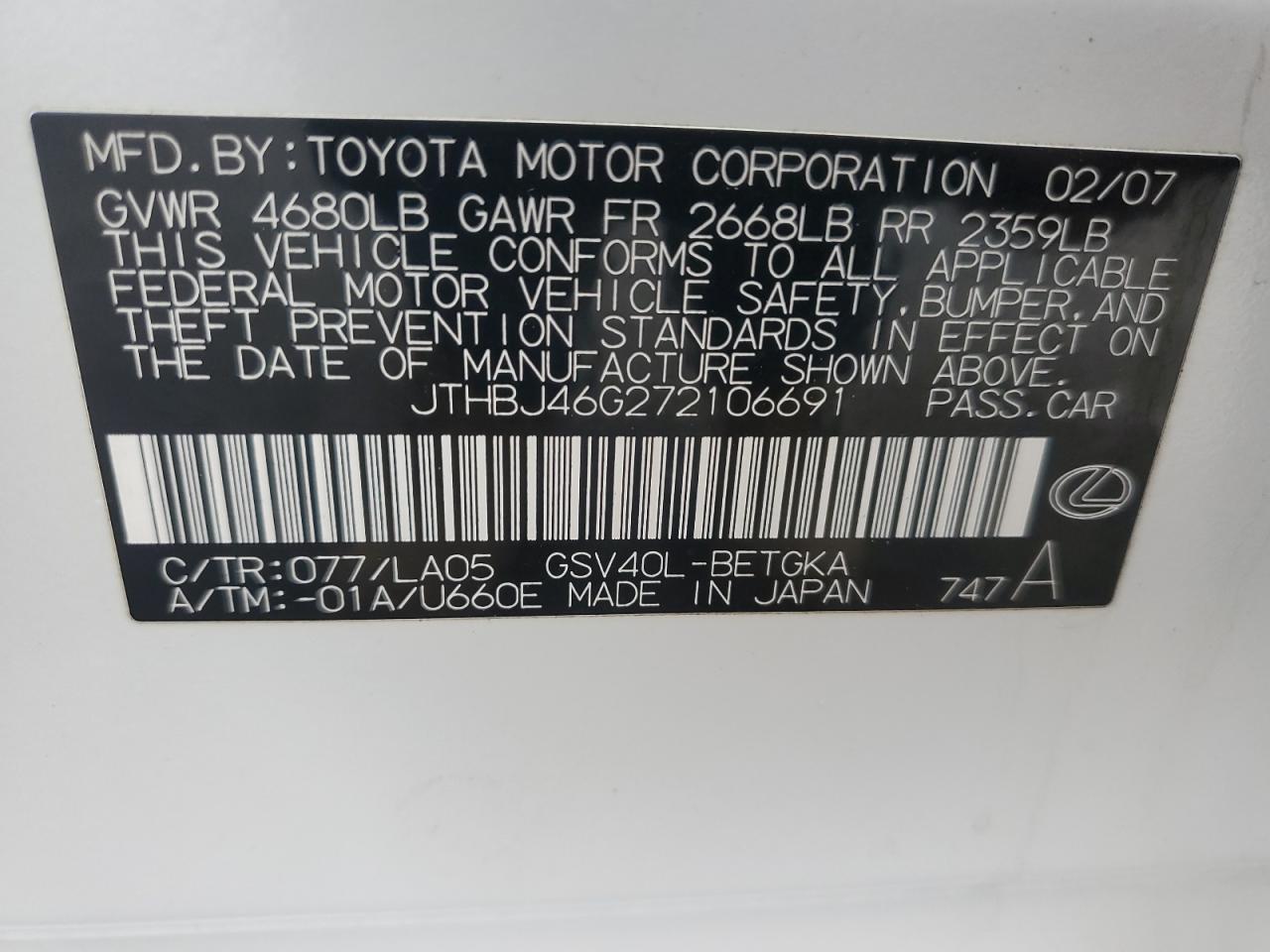 JTHBJ46G272106691 2007 Lexus Es 350