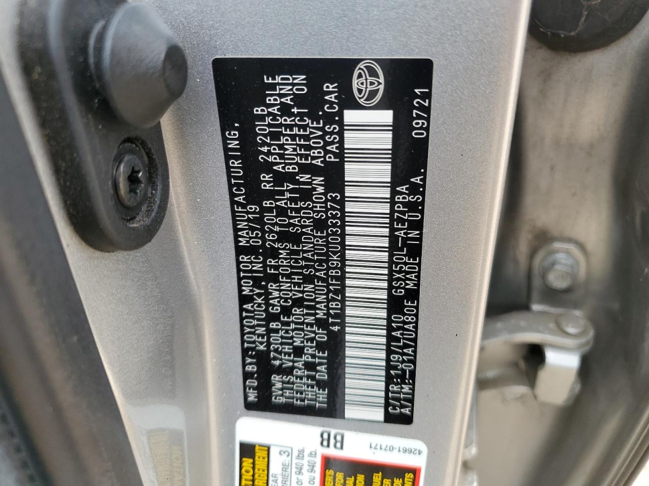 4T1BZ1FB9KU033373 TOYOTA AVALON 2019