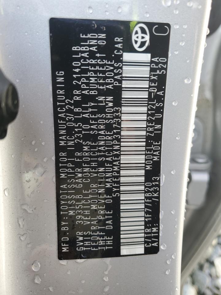 5YFEPMAEXNP317333 TOYOTA COROLLA 2022