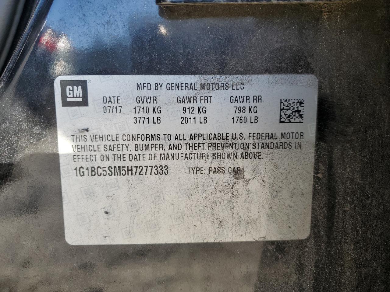 1G1BC5SM5H7277333 CHEVROLET CRUZE 2017