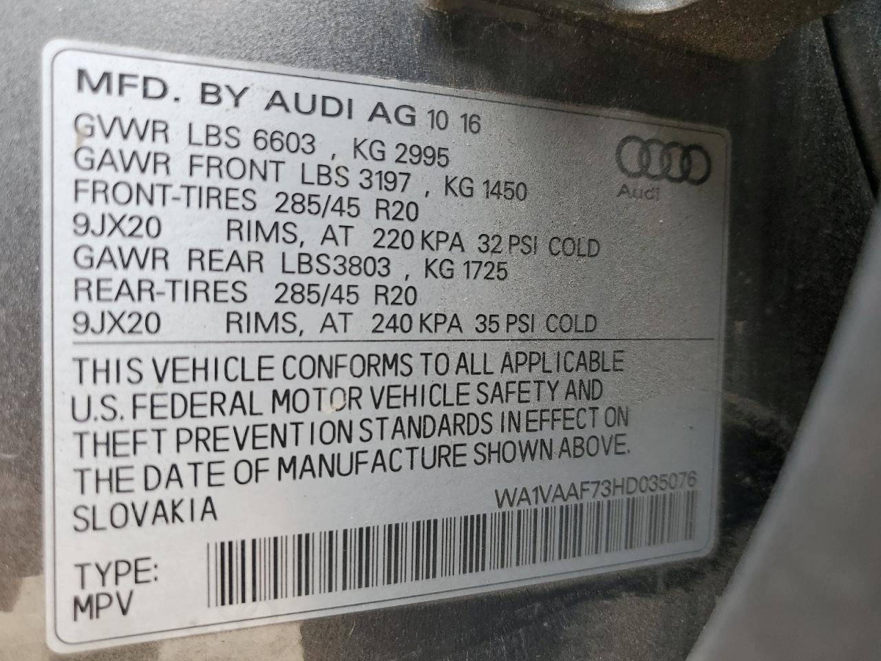 wa1vaaf73hd035076 WA1VAAF73HD035076 2017 Audi Q7 Prestige