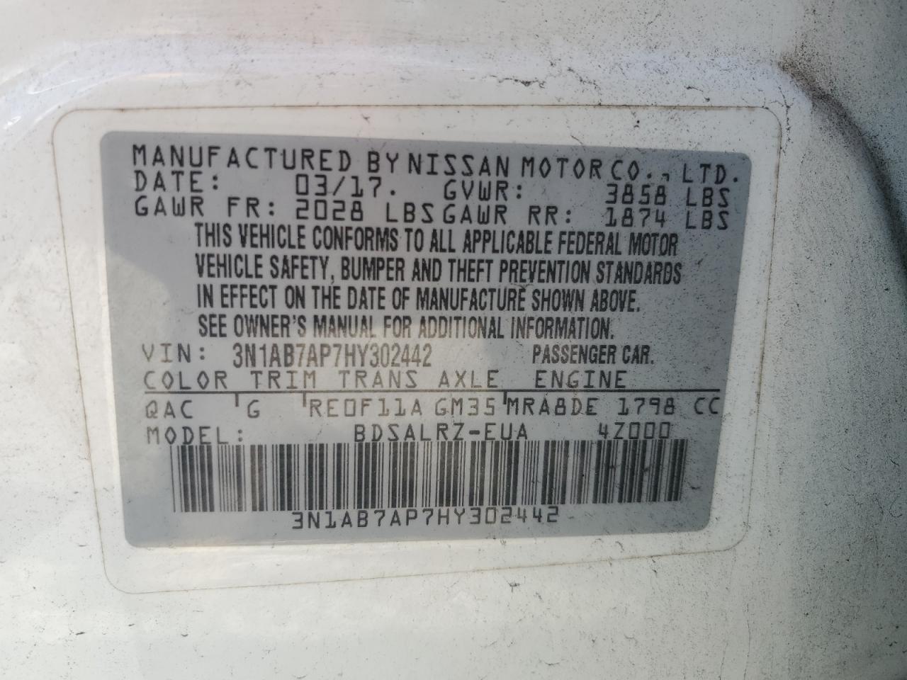 3N1AB7AP7HY302442 NISSAN SENTRA 2017